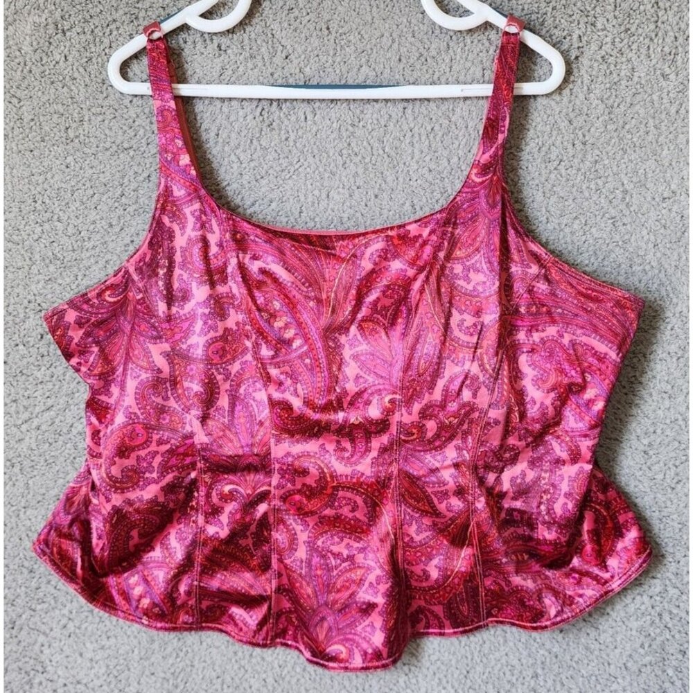 Cacique Lane Bryant Women Sleeveless Cropped Corset Top Satin Pink Paisley 26/28 - Picture 1 of 13